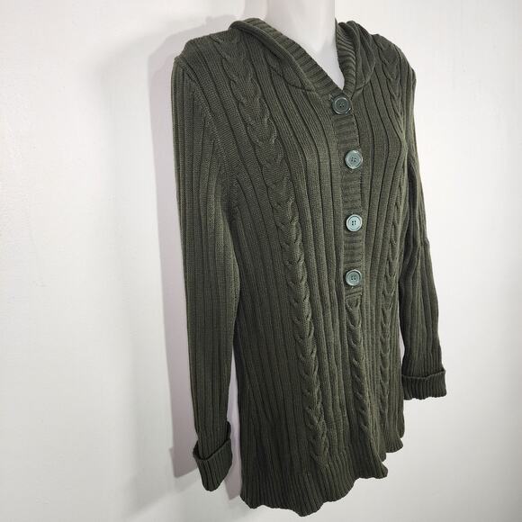 Relativity Womens Hooded Sweater Button Ribbed Cable Chunky Knit Green Large - Picture 5 of 8
